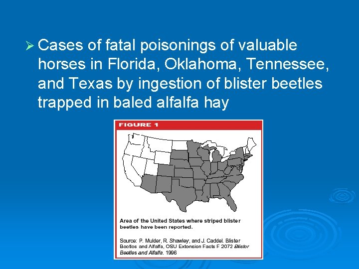 Ø Cases of fatal poisonings of valuable horses in Florida, Oklahoma, Tennessee, and Texas