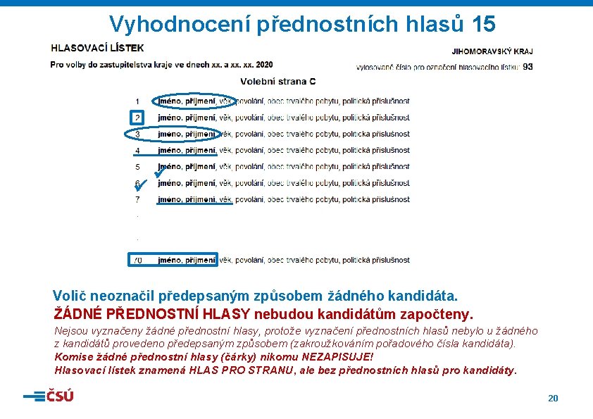 Vyhodnocení přednostních hlasů 15 ü ü Volič neoznačil předepsaným způsobem žádného kandidáta. ŽÁDNÉ PŘEDNOSTNÍ