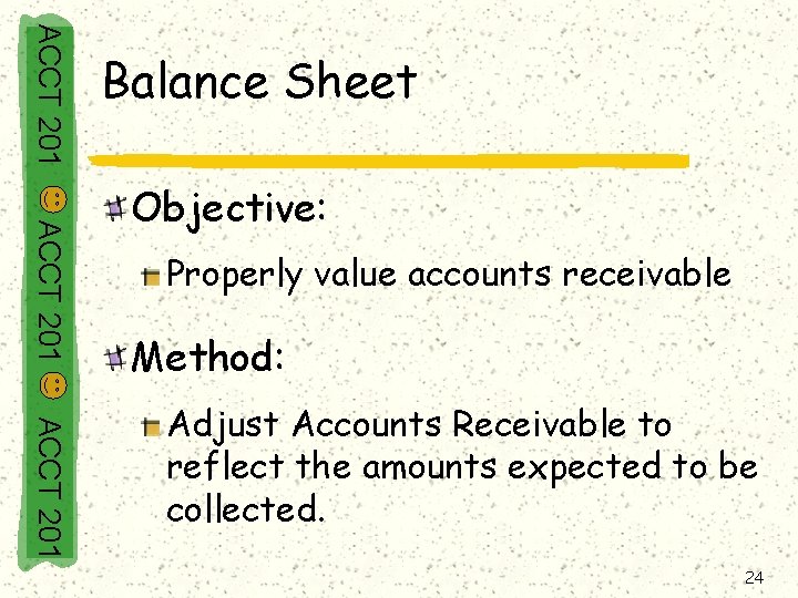 ACCT 201 Balance Sheet ACCT 201 Objective: Properly value accounts receivable Method: ACCT 201