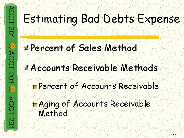 ACCT 201 Estimating Bad Debts Expense ACCT 201 Percent of Sales Method Accounts Receivable
