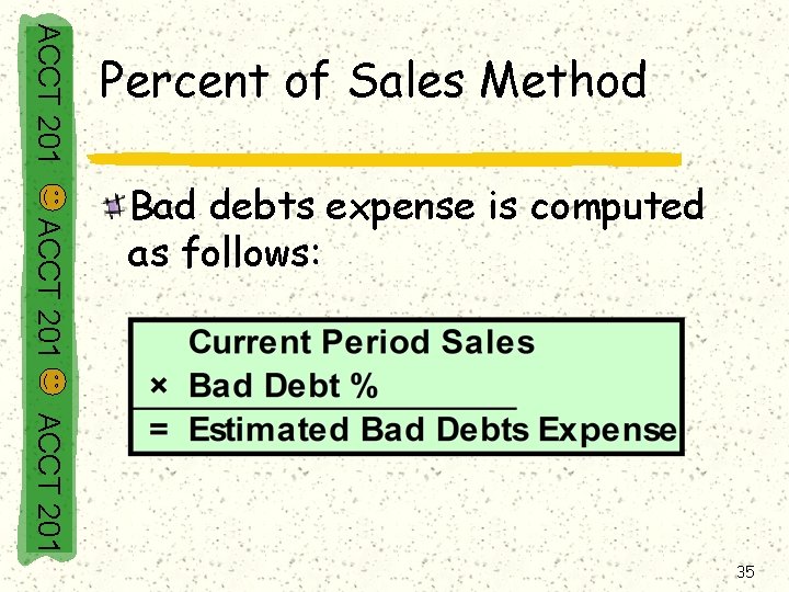 ACCT 201 Percent of Sales Method ACCT 201 Bad debts expense is computed as