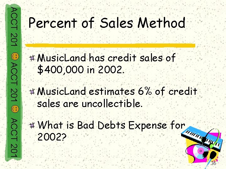 ACCT 201 Percent of Sales Method ACCT 201 Music. Land has credit sales of