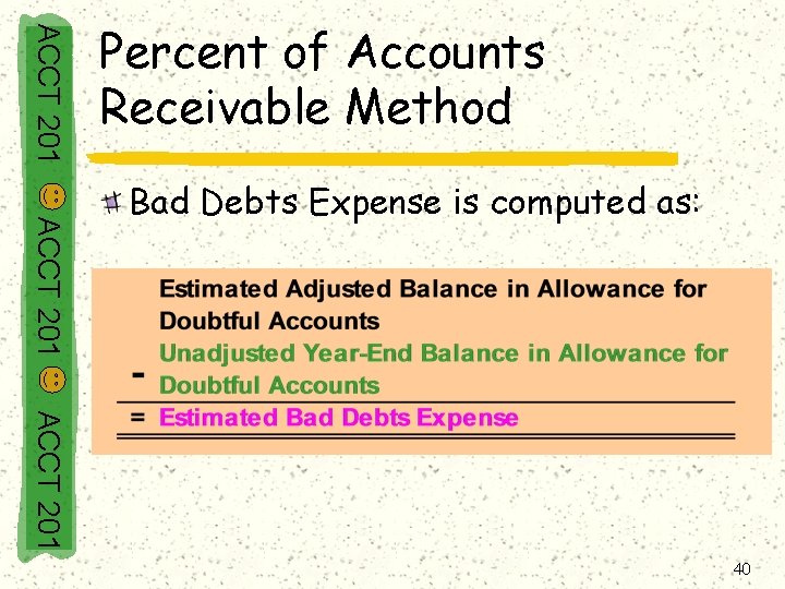 ACCT 201 Percent of Accounts Receivable Method ACCT 201 Bad Debts Expense is computed