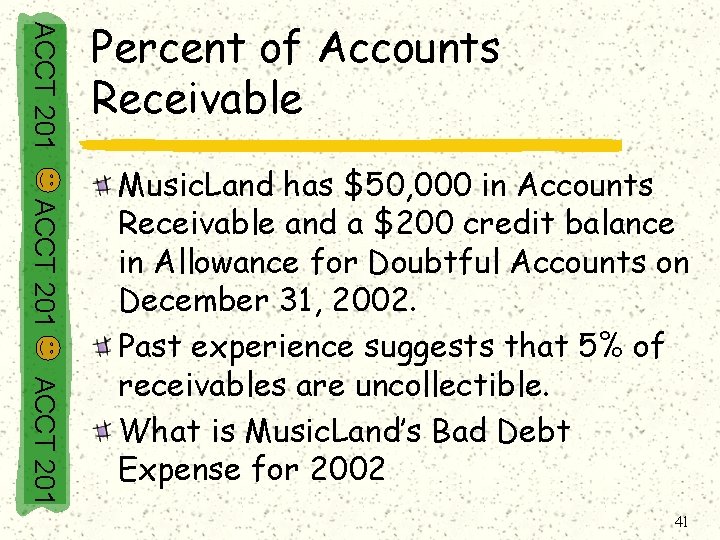 ACCT 201 Percent of Accounts Receivable ACCT 201 Music. Land has $50, 000 in