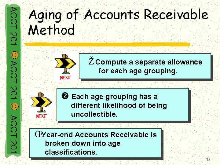 ACCT 201 Aging of Accounts Receivable Method ACCT 201 Ž Compute a separate allowance