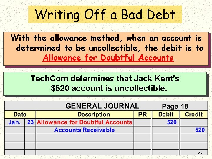 Writing Off a Bad Debt With the allowance method, when an account is determined