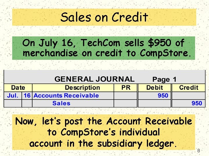 Sales on Credit On July 16, Tech. Com sells $950 of merchandise on credit