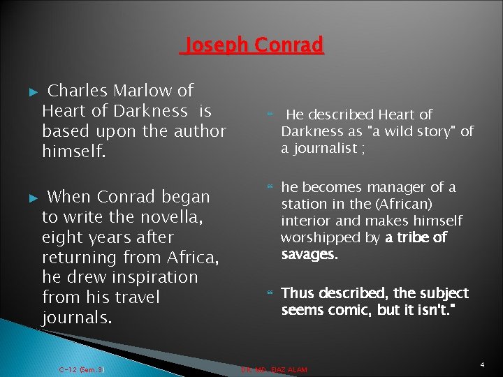 Joseph Conrad ► ► Charles Marlow of Heart of Darkness is based upon the