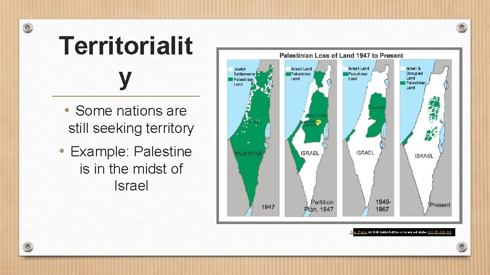 Territorialit y • Some nations are still seeking territory • Example: Palestine is in