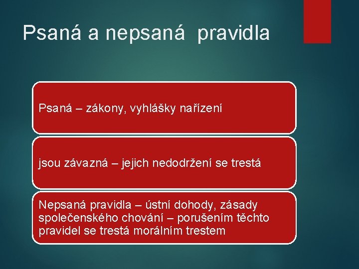 Psaná a nepsaná pravidla Psaná – zákony, vyhlášky nařízení jsou závazná – jejich nedodržení