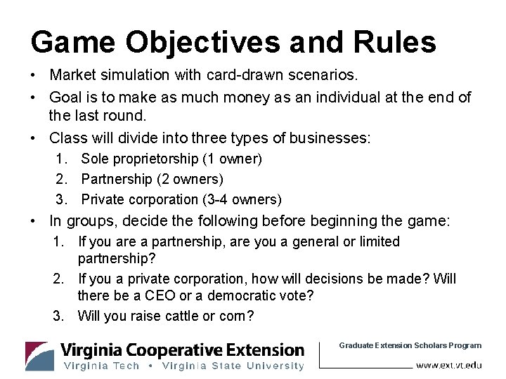 Game Objectives and Rules • Market simulation with card-drawn scenarios. • Goal is to