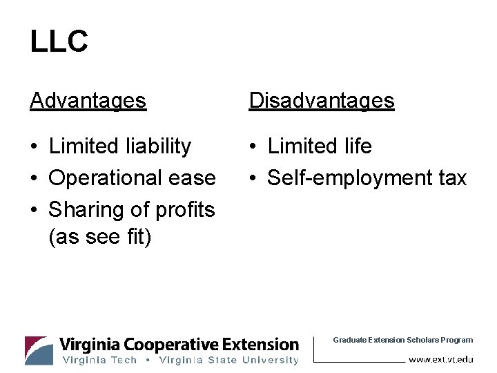 LLC Advantages Disadvantages • Limited liability • Operational ease • Sharing of profits (as
