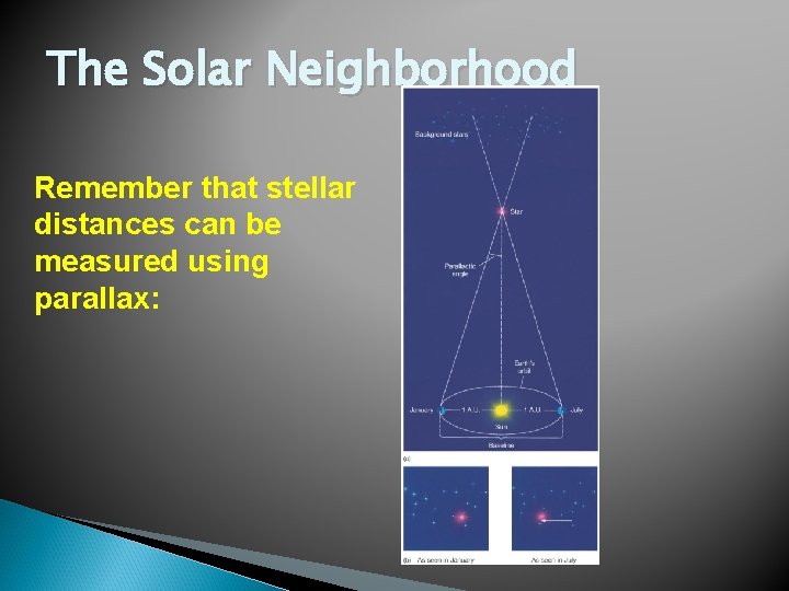 The Solar Neighborhood Remember that stellar distances can be measured using parallax: 