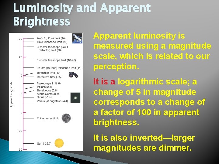 Luminosity and Apparent Brightness Apparent luminosity is measured using a magnitude scale, which is