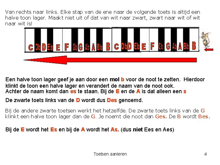 Van rechts naar links. Elke stap van de ene naar de volgende toets is