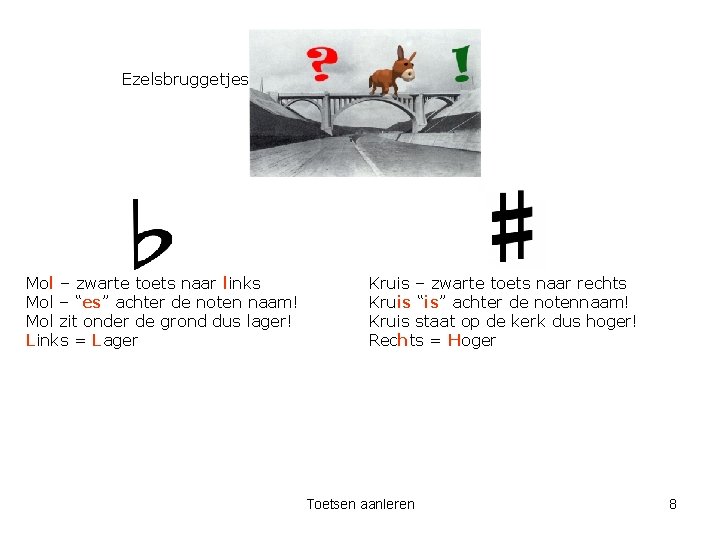 Ezelsbruggetjes: Mol – zwarte toets naar links Mol – “es” achter de noten naam!