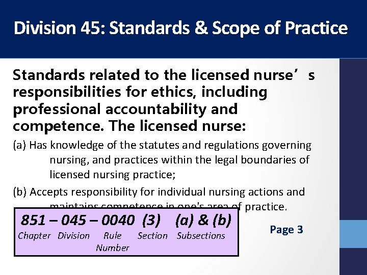 Division 45: Standards & Scope of Practice Standards related to the licensed nurse’s responsibilities