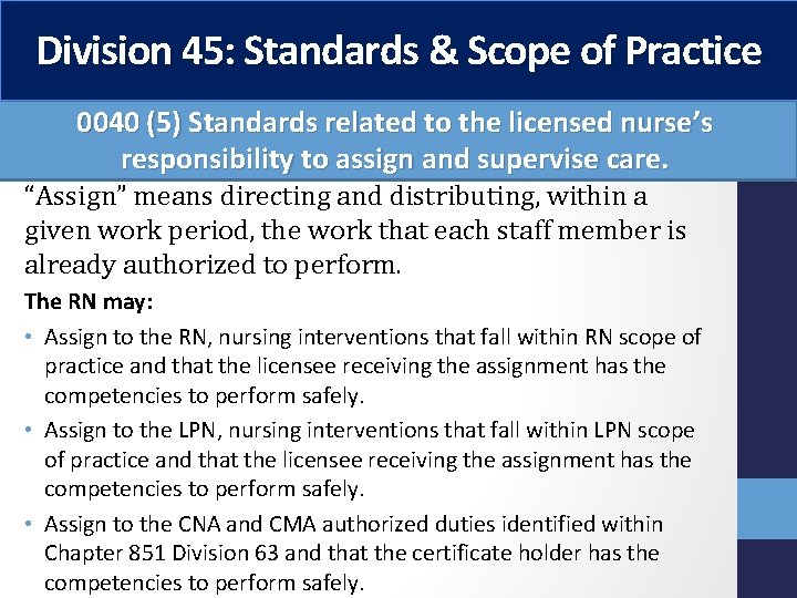 Division 45: Standards & Scope of Practice 0040 (5) Standards related to the licensed