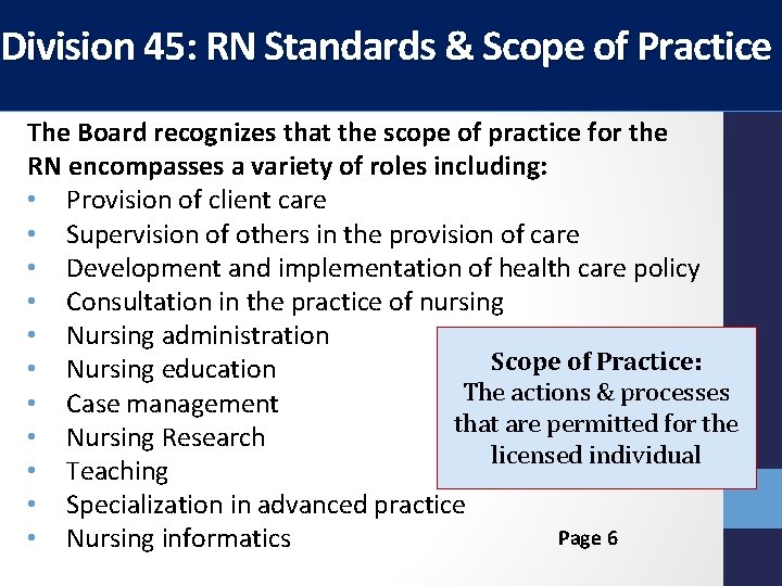 Division 45: RN Standards & Scope of Practice The Board recognizes that the scope