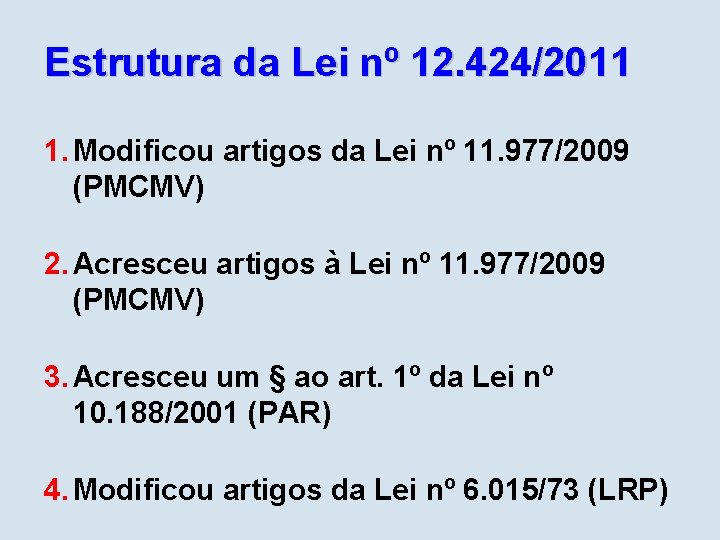 Estrutura da Lei nº 12. 424/2011 1. Modificou artigos da Lei nº 11. 977/2009