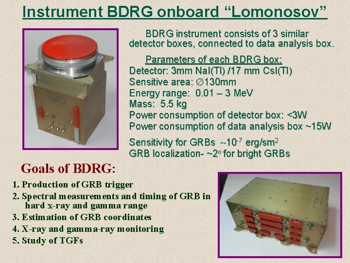 Instrument BDRG onboard “Lomonosov” BDRG instrument consists of 3 similar detector boxes, connected to