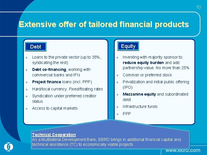 10 Extensive offer of tailored financial products Equity Debt v Loans to the private