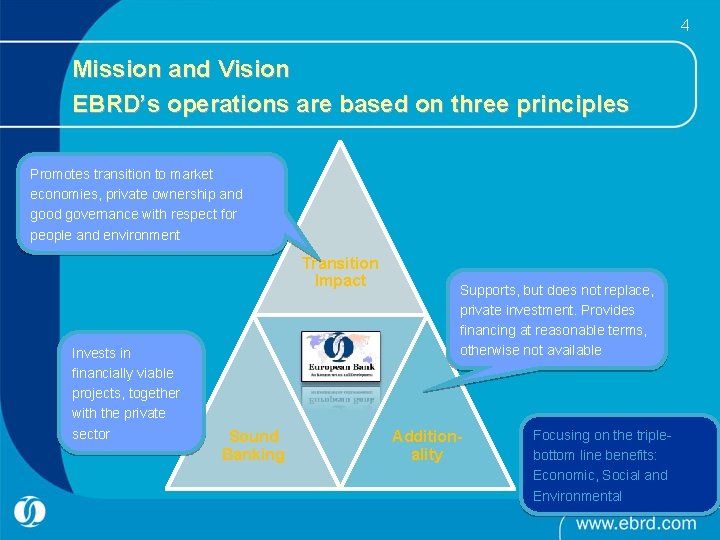 4 Mission and Vision EBRD’s operations are based on three principles Promotes transition to