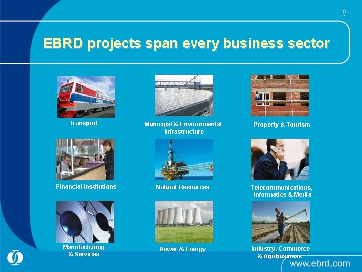 6 EBRD projects span every business sector Transport Financial Institutions Manufacturing & Services Municipal