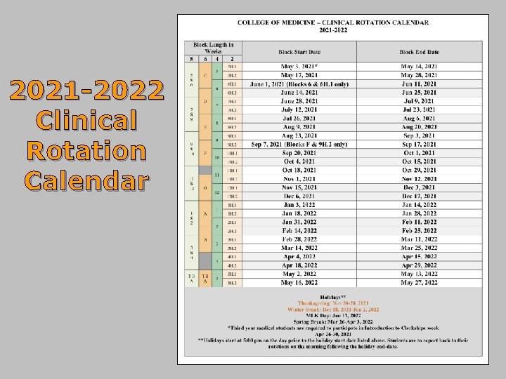 2021 -2022 Clinical Rotation Calendar 