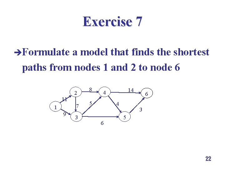 Exercise 7 èFormulate a model that finds the shortest paths from nodes 1 and