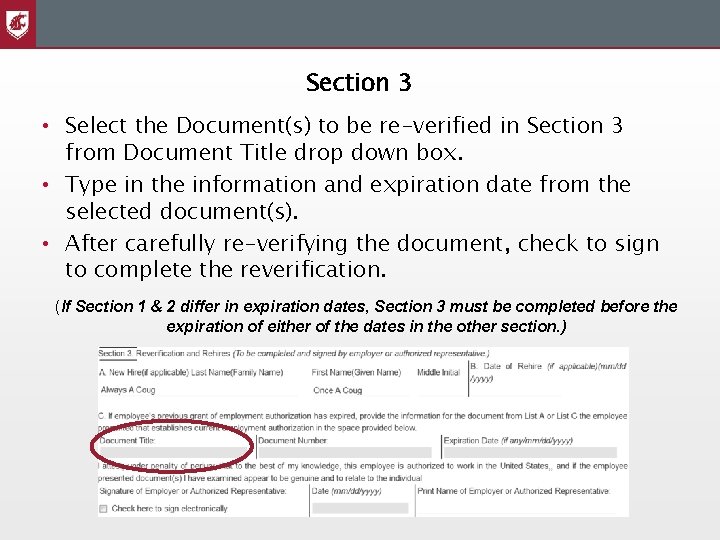 Section 3 • Select the Document(s) to be re-verified in Section 3 from Document