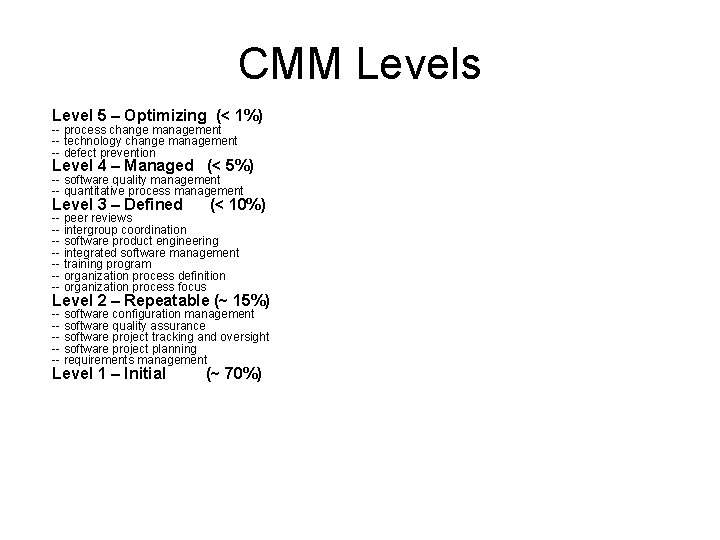 CMM Levels Level 5 – Optimizing (< 1%) -- process change management -- technology
