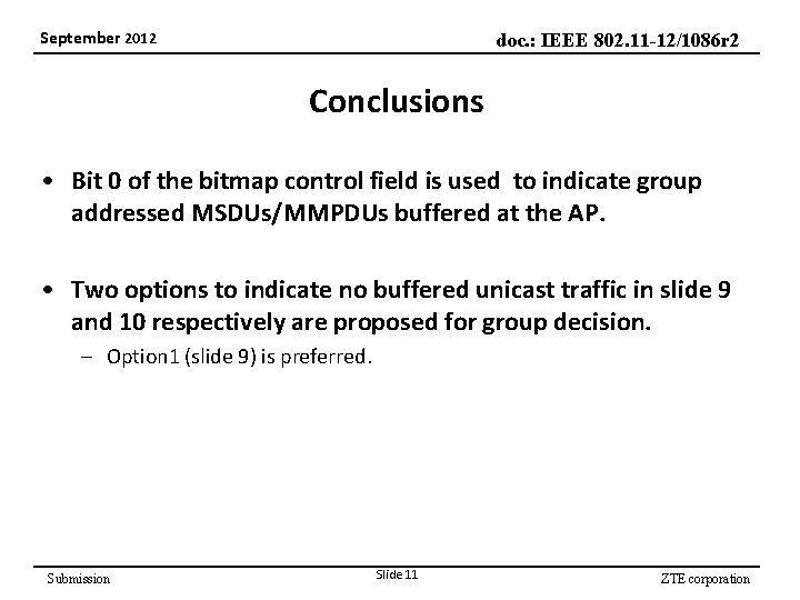 September 2012 doc. : IEEE 802. 11 -12/1086 r 2 Conclusions • Bit 0