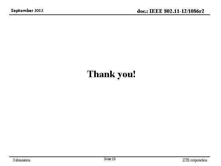 September 2012 doc. : IEEE 802. 11 -12/1086 r 2 Thank you! Submission Slide