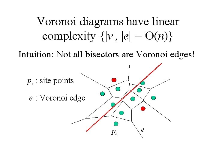 Voronoi diagrams have linear complexity {|v|, |e| = O(n)} Intuition: Not all bisectors are Voronoi diagrams have linear complexity {|v|, |e| = O(n)} Intuition: Not all bisectors are