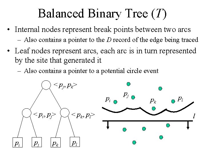 Balanced Binary Tree (T) • Internal nodes represent break points between two arcs – Balanced Binary Tree (T) • Internal nodes represent break points between two arcs –