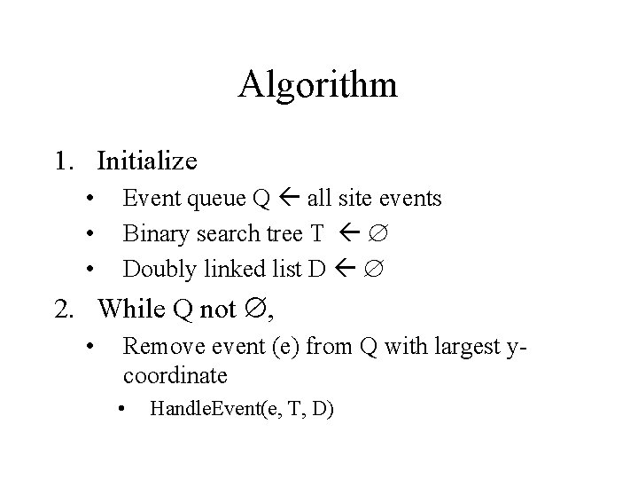 Algorithm 1. Initialize • • • Event queue Q all site events Binary search Algorithm 1. Initialize • • • Event queue Q all site events Binary search