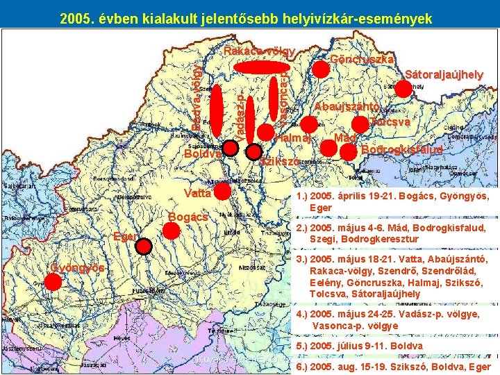 2005. évben kialakult jelentősebb helyivízkár-események Boldva Vatta Bogács Eger Gyöngyös Vasonca-p. Vadász-p. Bódva-völgy Rakaca-völgy