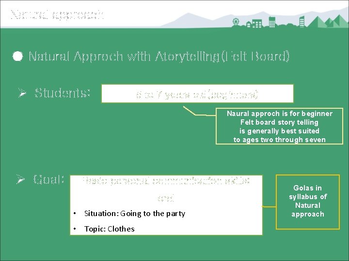 Natural approach ● Natural Approch with Atorytelling(Felt Board) Ø Students: 5 to 7 years