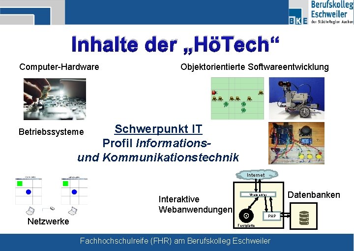 Inhalte der „HöTech“ Computer-Hardware Objektorientierte Softwareentwicklung Schwerpunkt IT Profil Informationsund Kommunikationstechnik Betriebssysteme Internet Interaktive