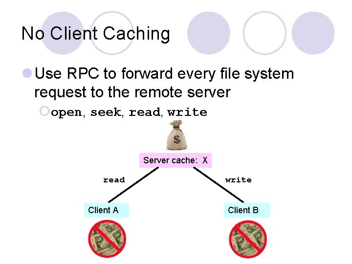 No Client Caching l Use RPC to forward every file system request to the