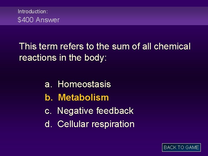 Introduction: $400 Answer This term refers to the sum of all chemical reactions in