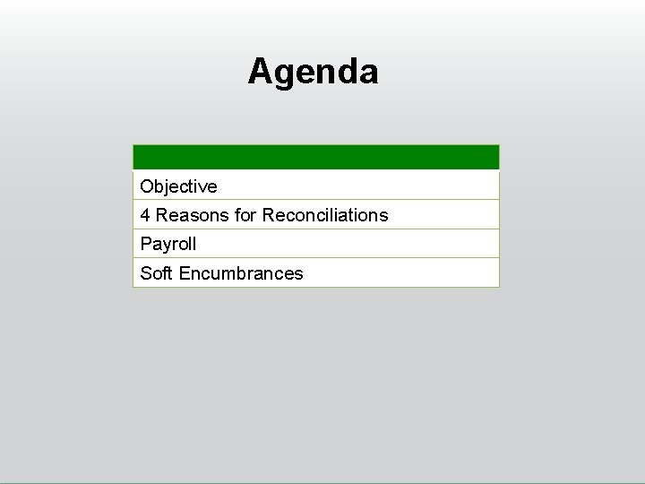 Agenda Objective 4 Reasons for Reconciliations Payroll Soft Encumbrances 