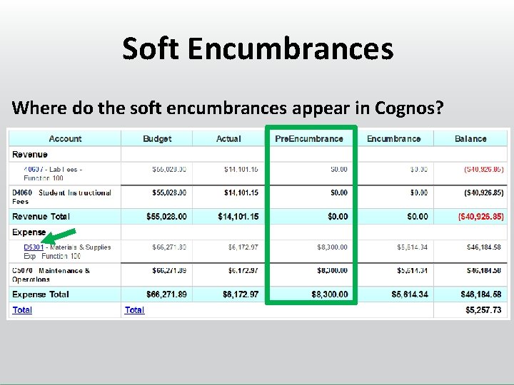 Soft Encumbrances Where do the soft encumbrances appear in Cognos? 