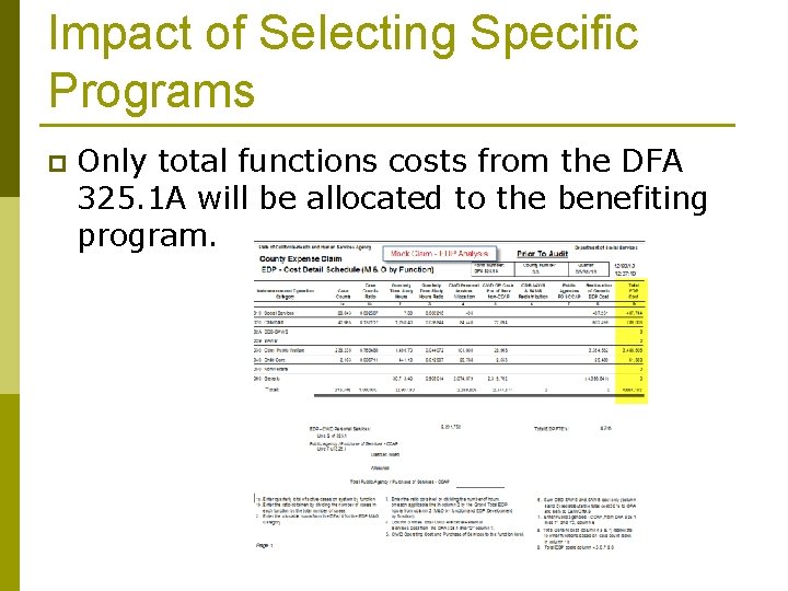 Impact of Selecting Specific Programs p Only total functions costs from the DFA 325.