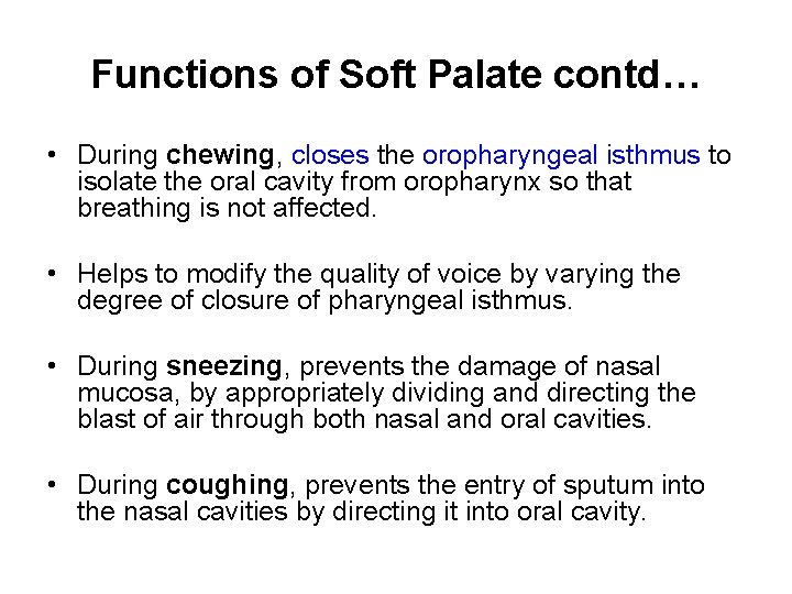 Functions of Soft Palate contd… • During chewing, closes the oropharyngeal isthmus to isolate