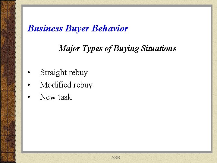Business Buyer Behavior Major Types of Buying Situations • • • Straight rebuy Modified