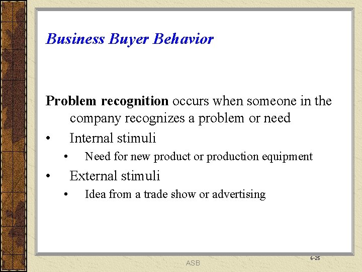 Business Buyer Behavior Problem recognition occurs when someone in the company recognizes a problem