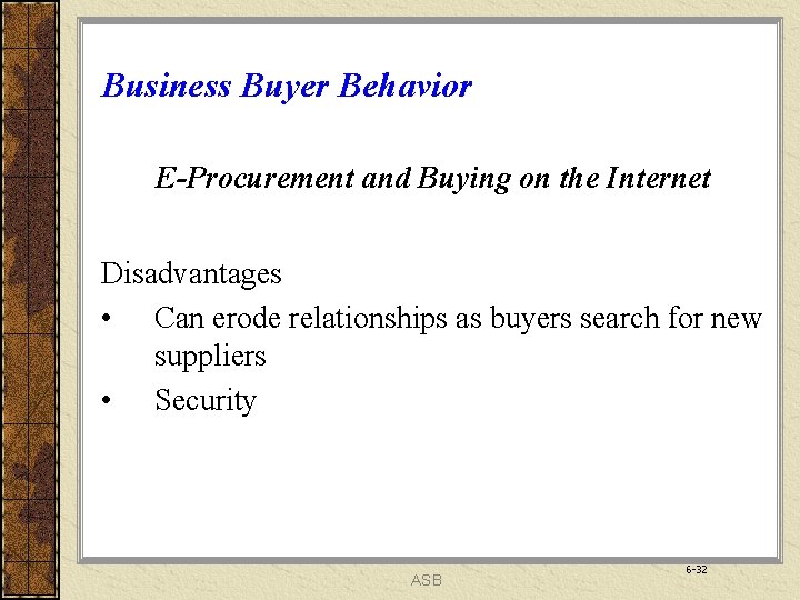 Business Buyer Behavior E-Procurement and Buying on the Internet Disadvantages • Can erode relationships