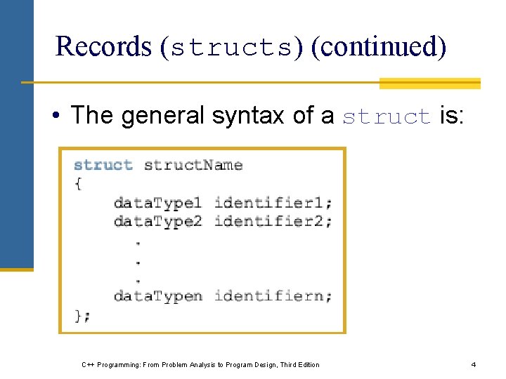 Records (structs) (continued) • The general syntax of a struct is: C++ Programming: From